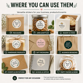 Custom round stickers shown on product packaging, jars, boxes and other surfaces for branding and labelling