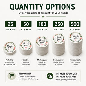 Custom round stickers available in quantities of 25, 50, 100, 250 and 500 pieces