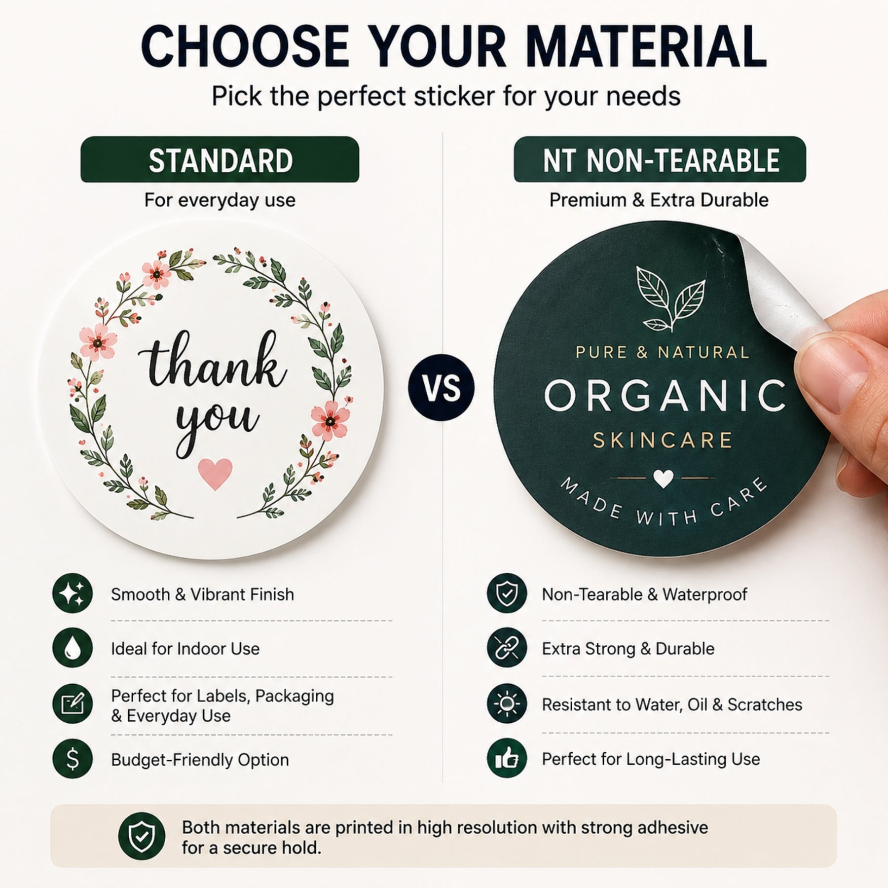 Custom round stickers available in Standard and NT Non-Tearable material options