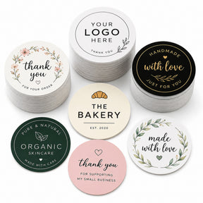 Custom round stickers in various designs including logo, bakery, thank you and personalised stickers