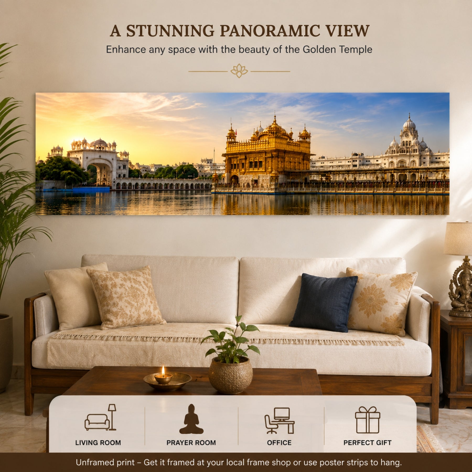 Golden Temple panoramic poster displayed on living room wall above sofa