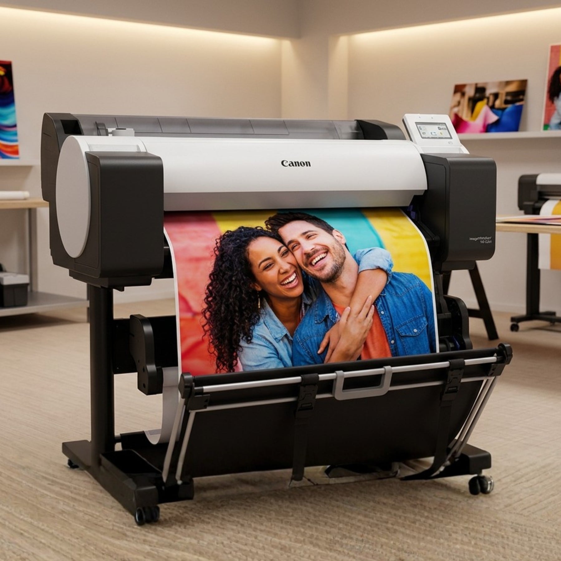 Canon large format printer printing a vibrant couple photo poster — professional photo poster printing service by Gogirgit India