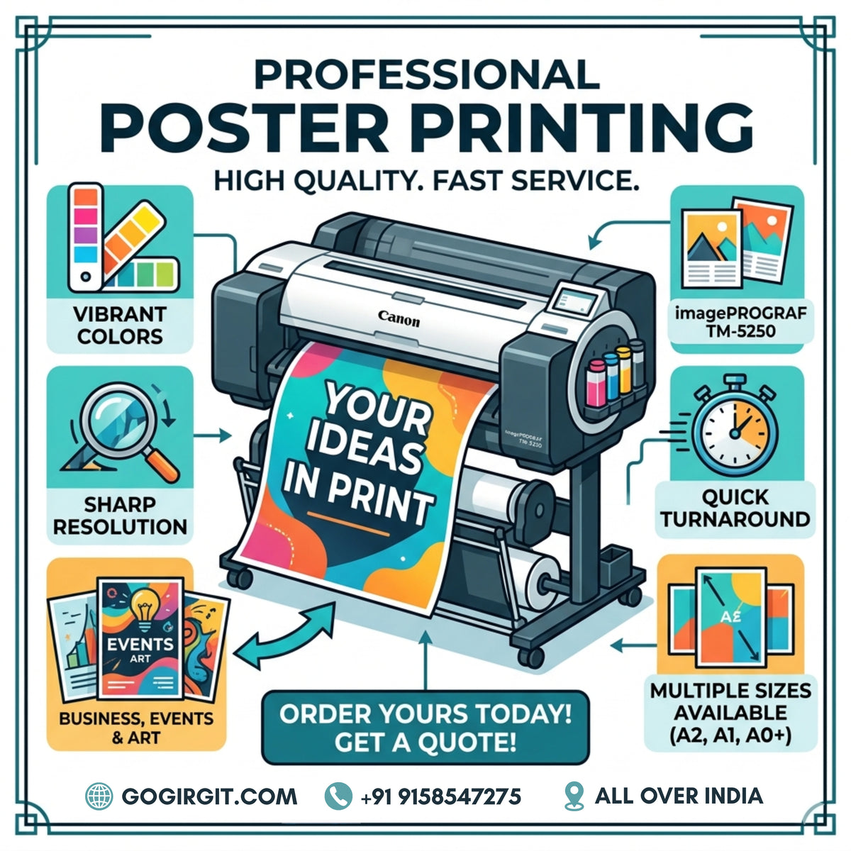 Professional poster printing service using Canon imagePROGRAF TM-5250 large format printer — vibrant colours, sharp resolution, multiple sizes — Gogirgit.com