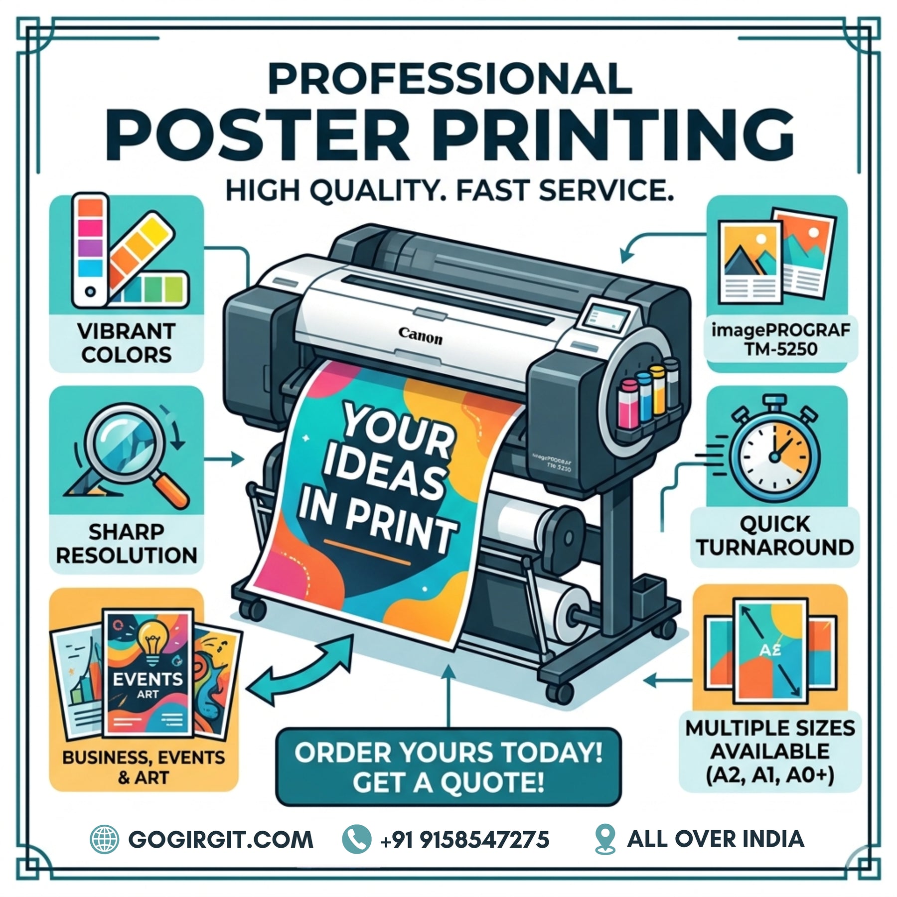 Professional poster printing service using Canon imagePROGRAF TM-5250 large format printer — vibrant colours, sharp resolution, multiple sizes — Gogirgit.com