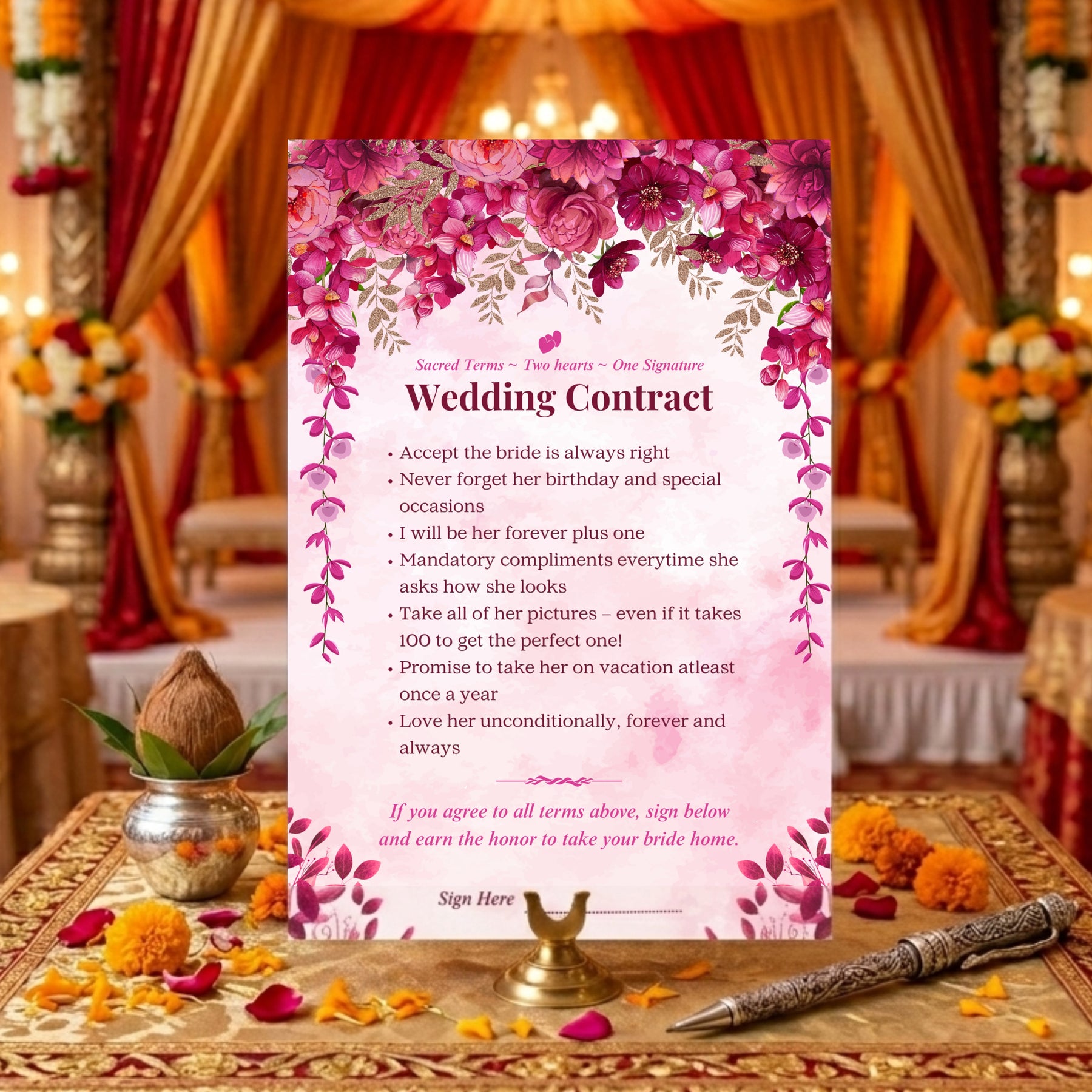 Personalised wedding contract board pink floral displayed at Indian wedding mandap — Gogirgit