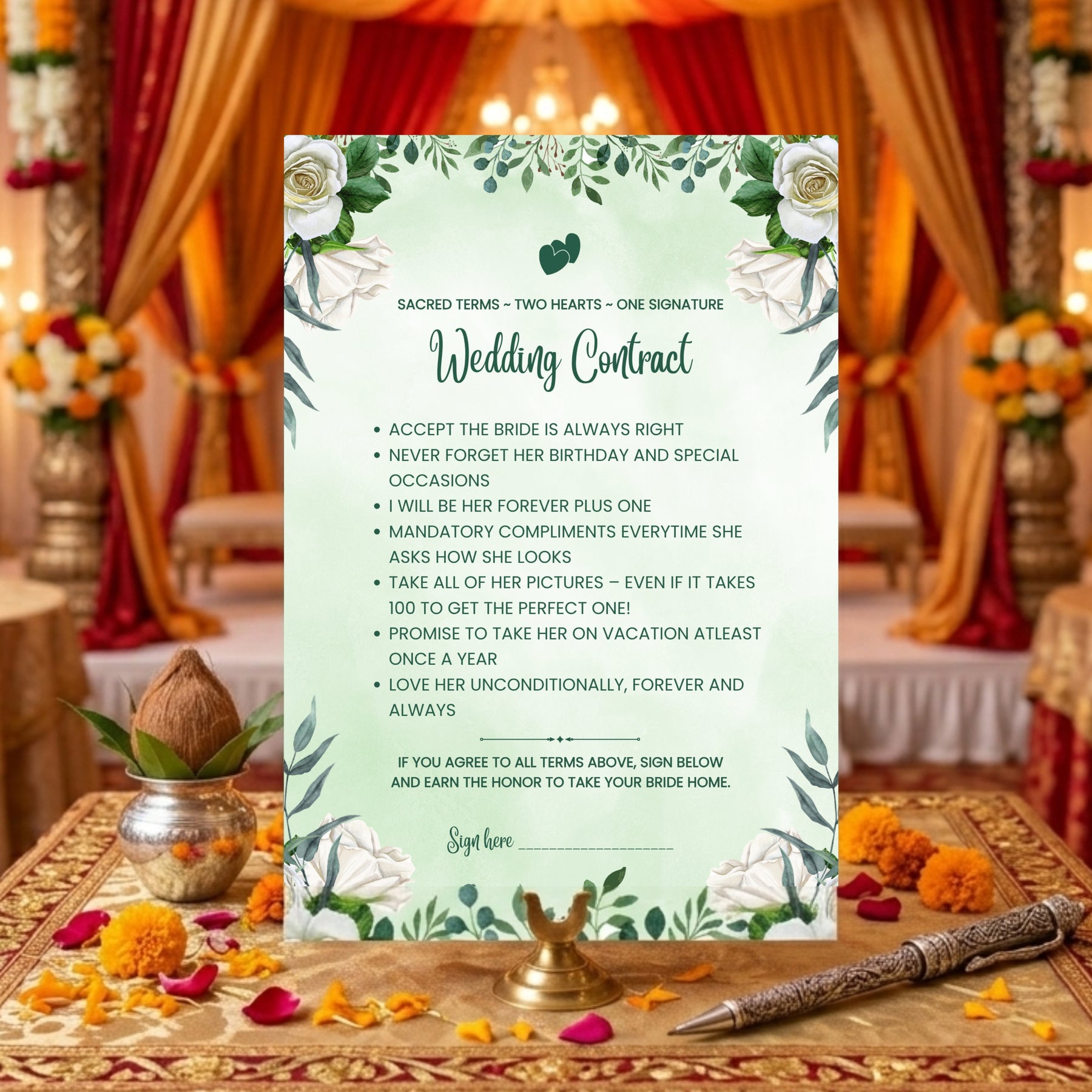 Personalised wedding contract board green floral at Indian wedding mandap with kalash — Gogirgit