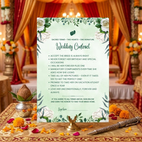 Personalised wedding contract board green floral at Indian wedding mandap with kalash — Gogirgit