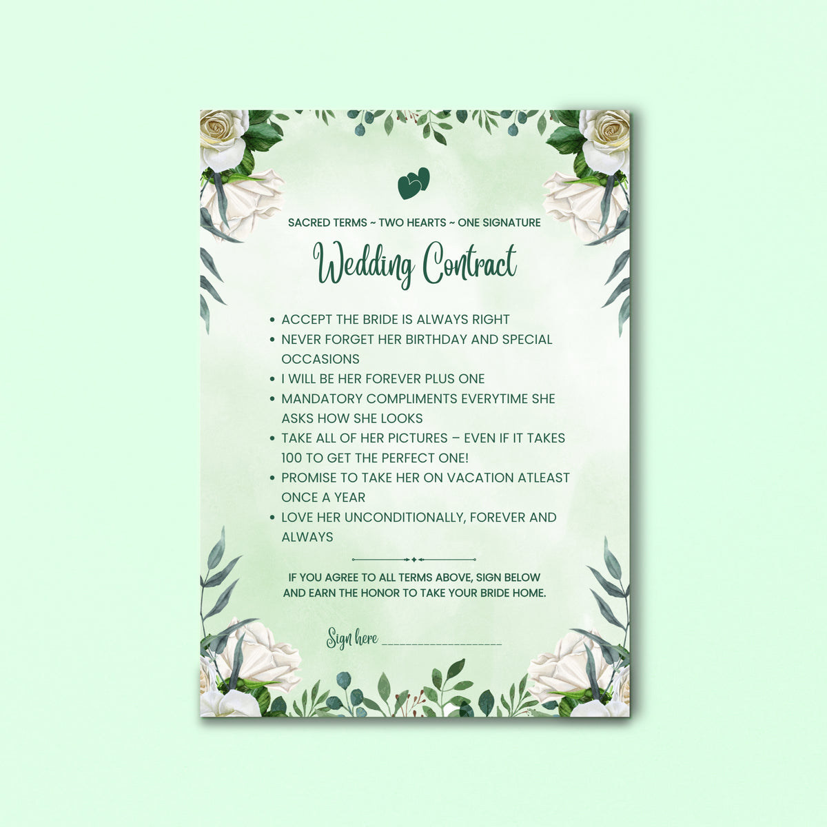 Wedding contract MDF board green white floral design 12x18 inch — Gogirgit