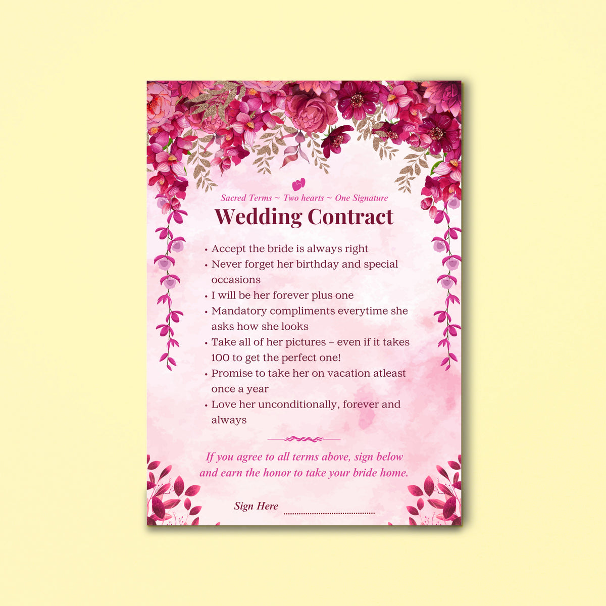 Wedding contract MDF board pink magenta floral design 12x18 inch — Gogirgit