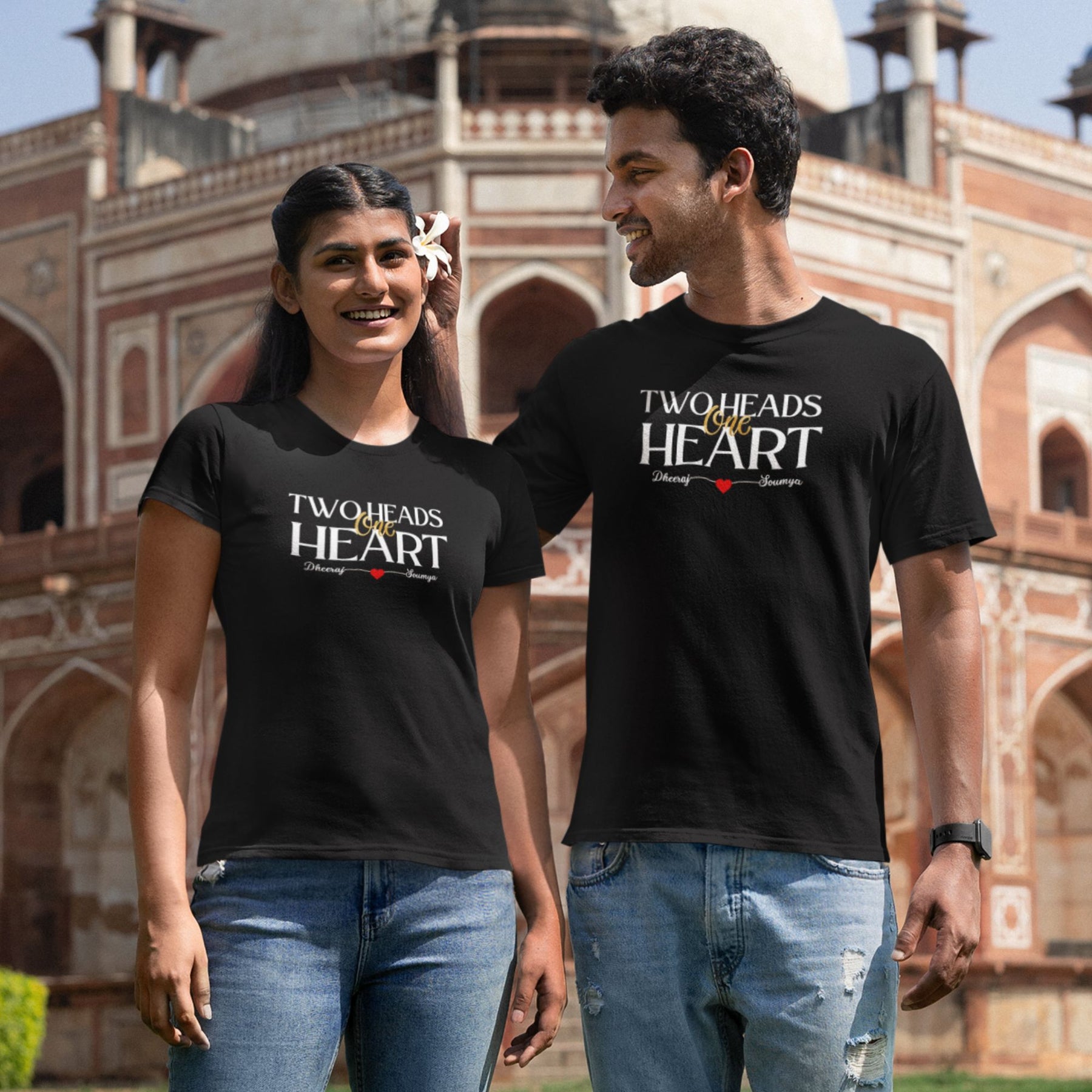 personalized-two-heads-one-heart-black-cotton-couple-tshirts-gogirgit-com