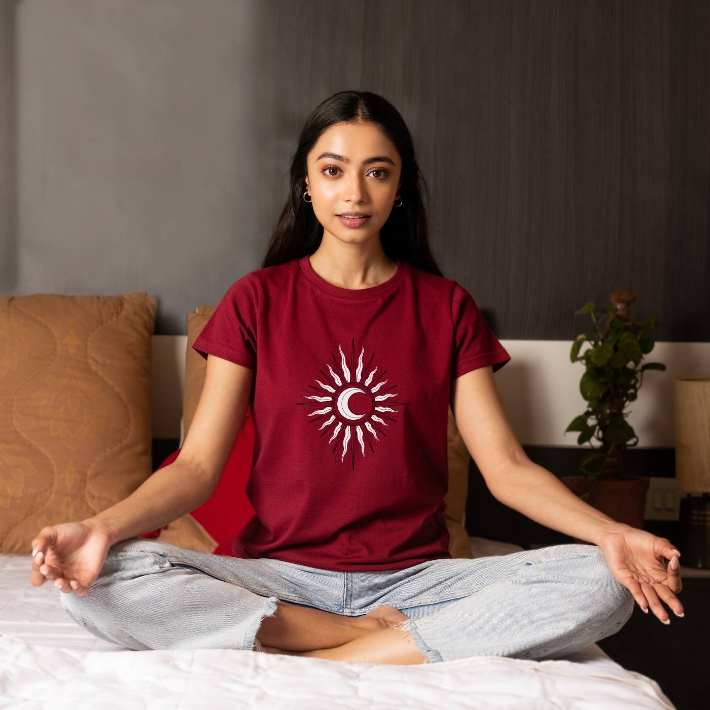 sun-moon-maroon-women-yoga-t-shirt