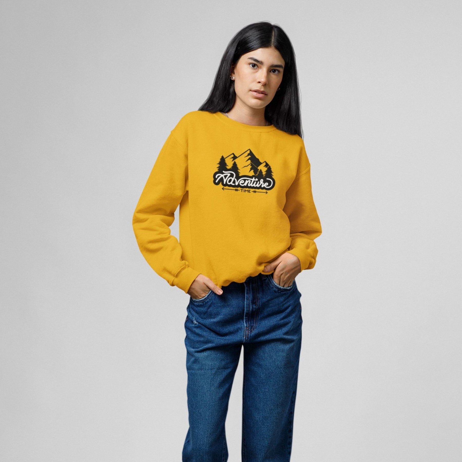 Adventure-cotton-printed-unisex-golden-yellow-sweatshirt-female-model-gogirgit-com