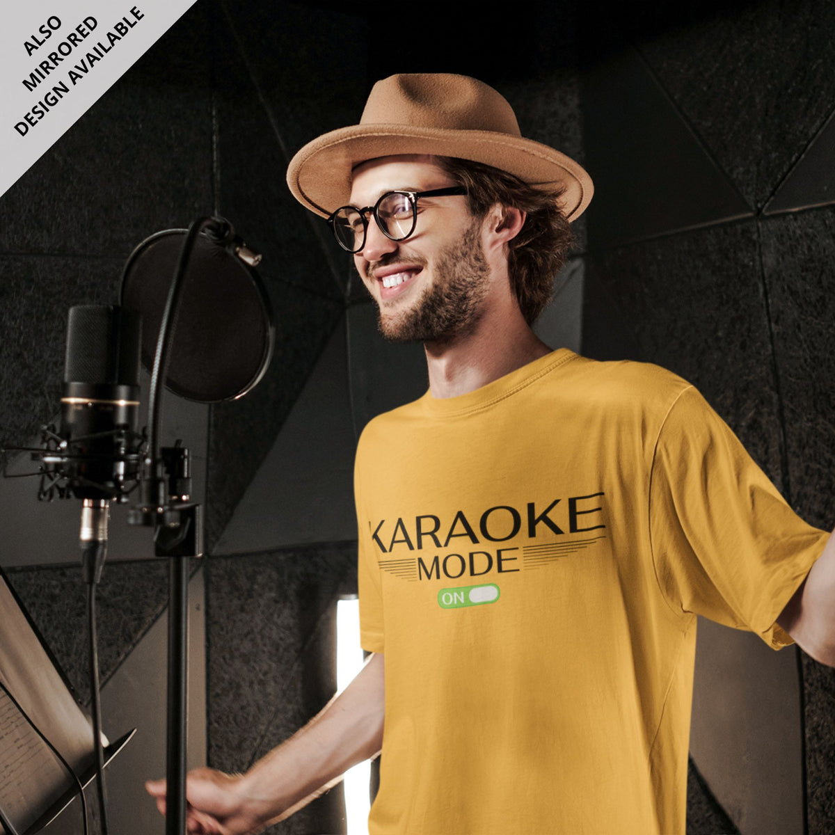Karaoke-mode-on-golden-yellow-printed-round-neck-t-shirt-gogirgit-com