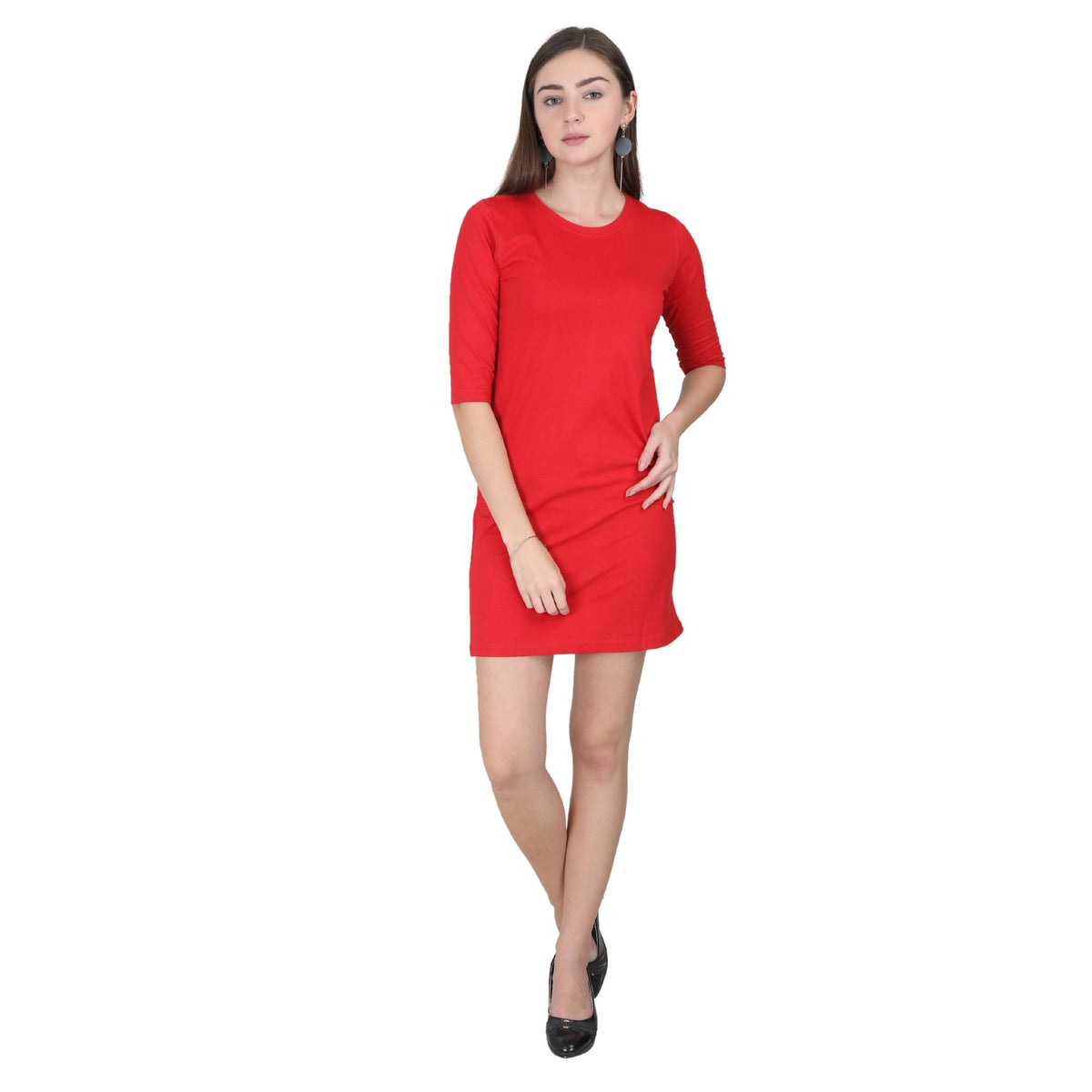Plain-cotton-women-s-roundneck-red-long-top-dress-gogirgit_7 #color_red
