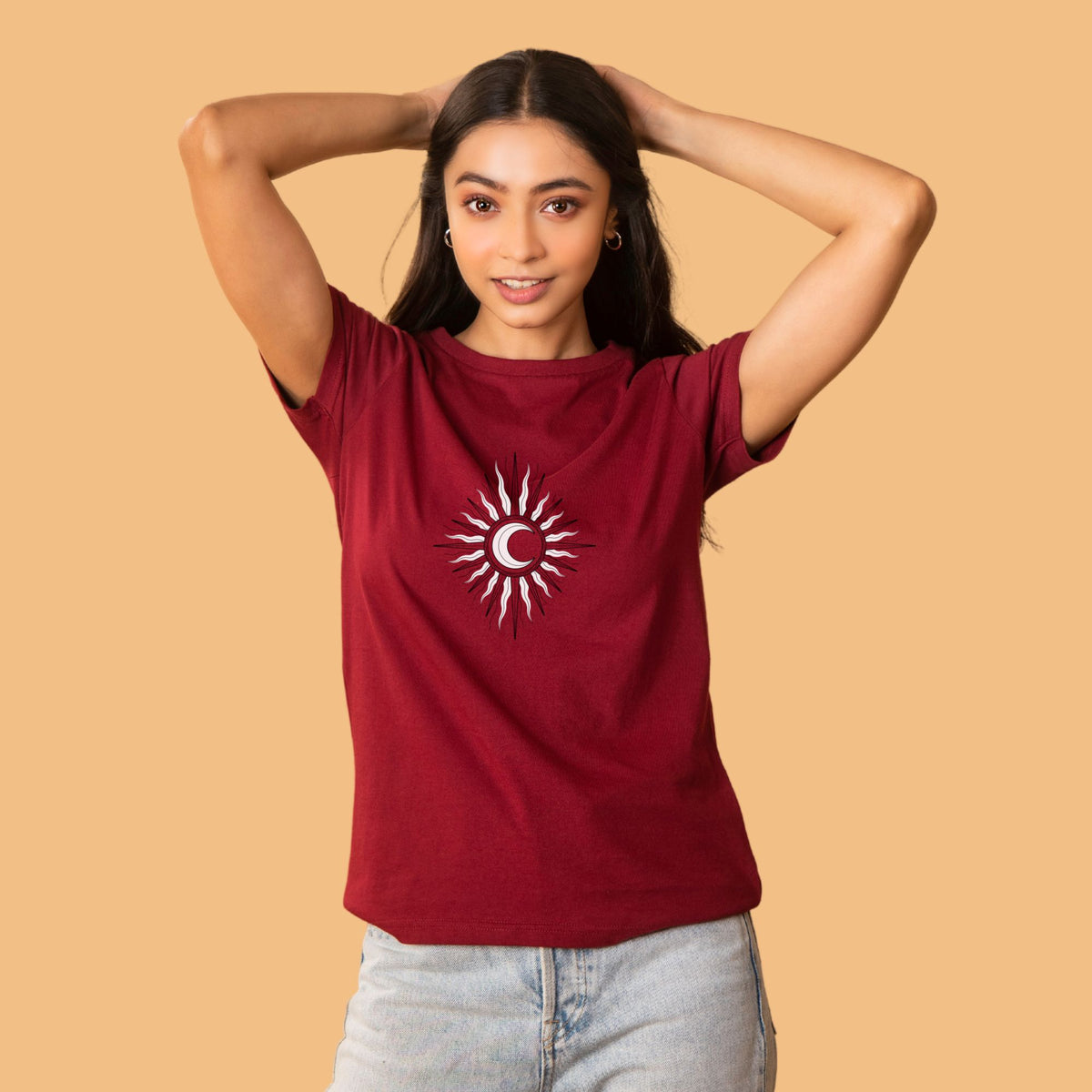 Printed-premium-cotton-women-s-round-neck-sun-moon-maroon-half-sleeve-t-shirt-gogirgit_2