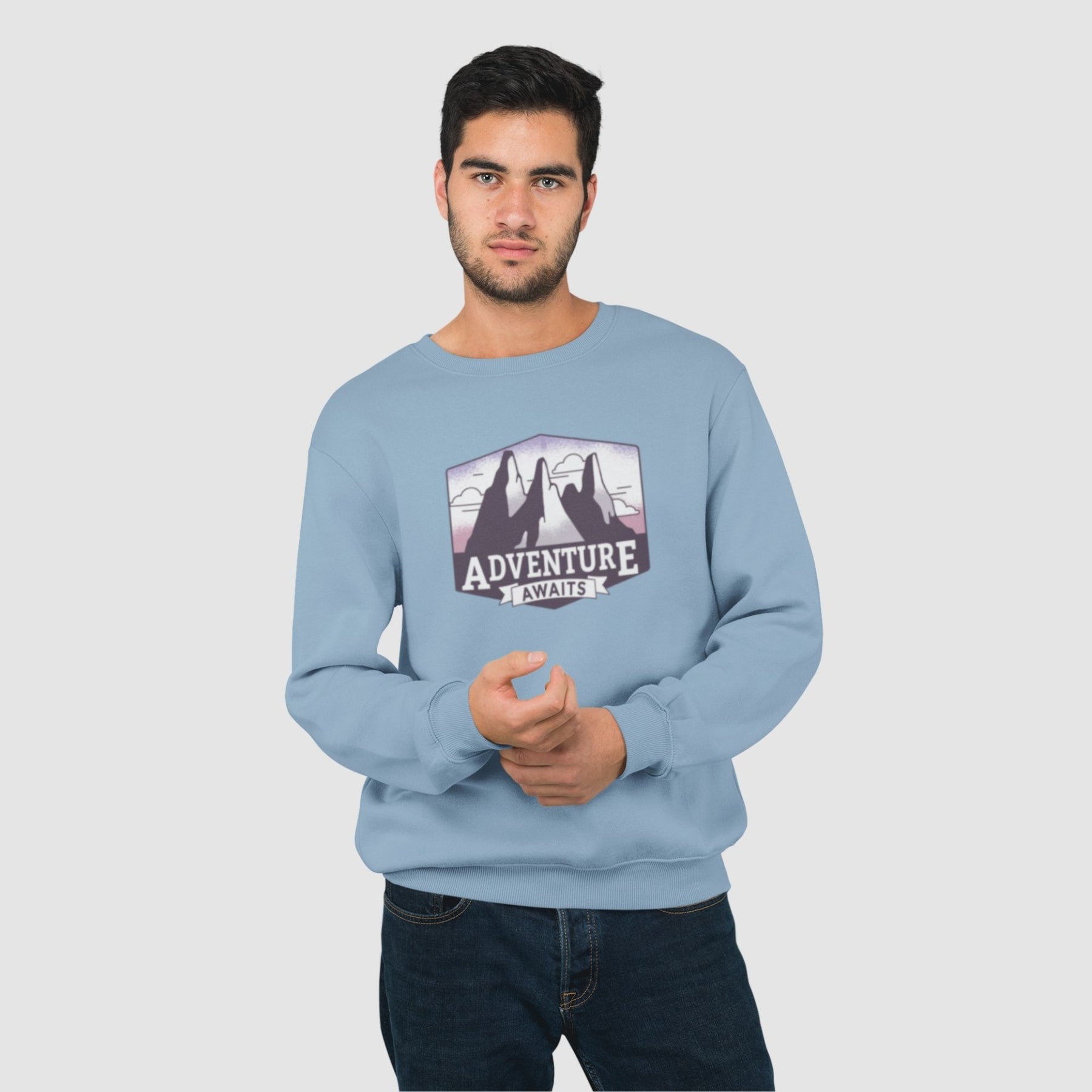 adventure-awaits-cotton-printed-unisex-light-blue-men-model-sweatshirt-gogirgit-com
