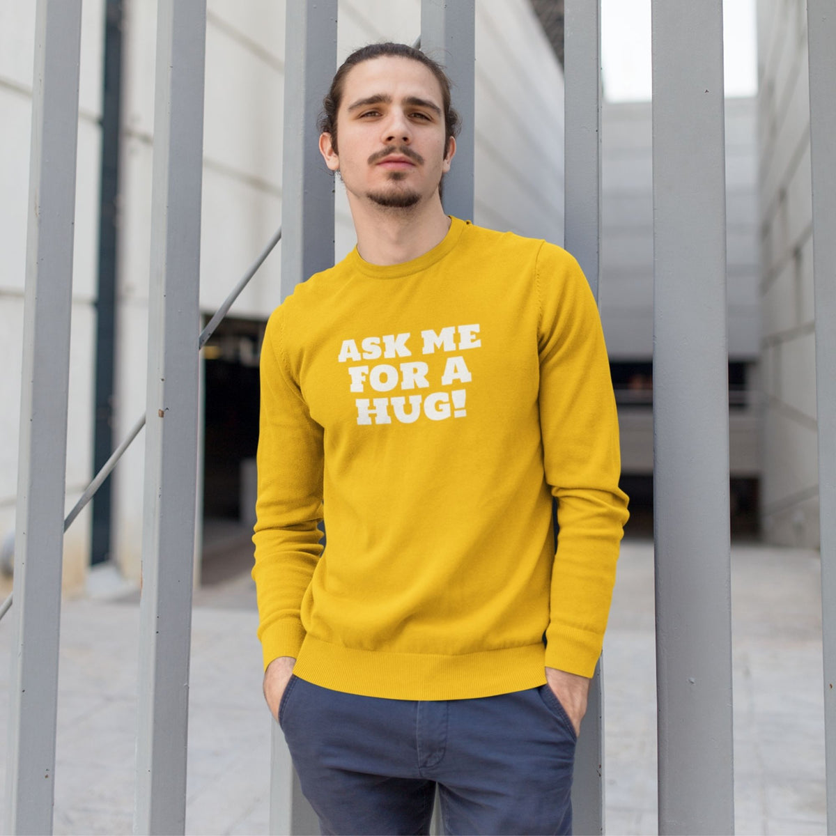 ask-me-for-a-hug-cotton-printed-unisex-golden-yellow-men-model-sweatshirt-gogirgit-com