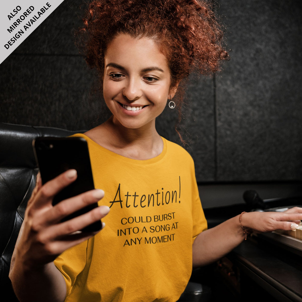 attention-could-burst-into-song-golden-yellow-printed-round-neck-t-shirt-gogirgit-com