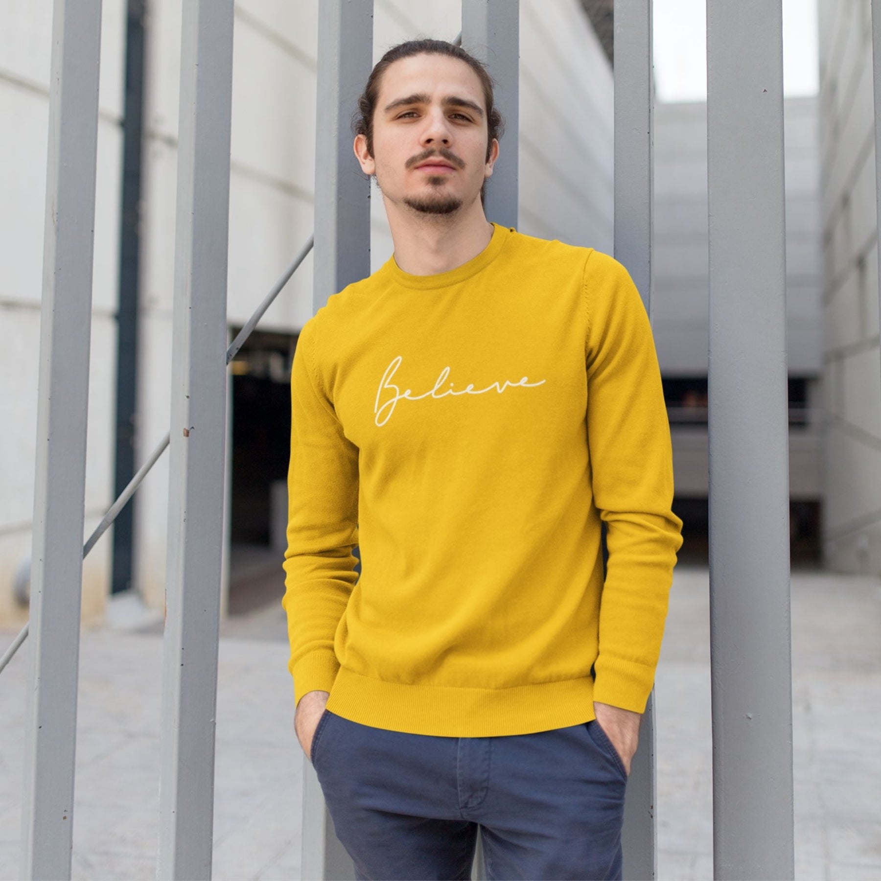 believe-cotton-printed-unisex-golden-yellow-men-model-sweatshirt-gogirgit-com