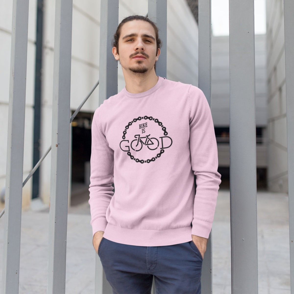 bike-is-good-cotton-printed-unisex-light-pink-men-model-sweatshirt-gogirgit-com