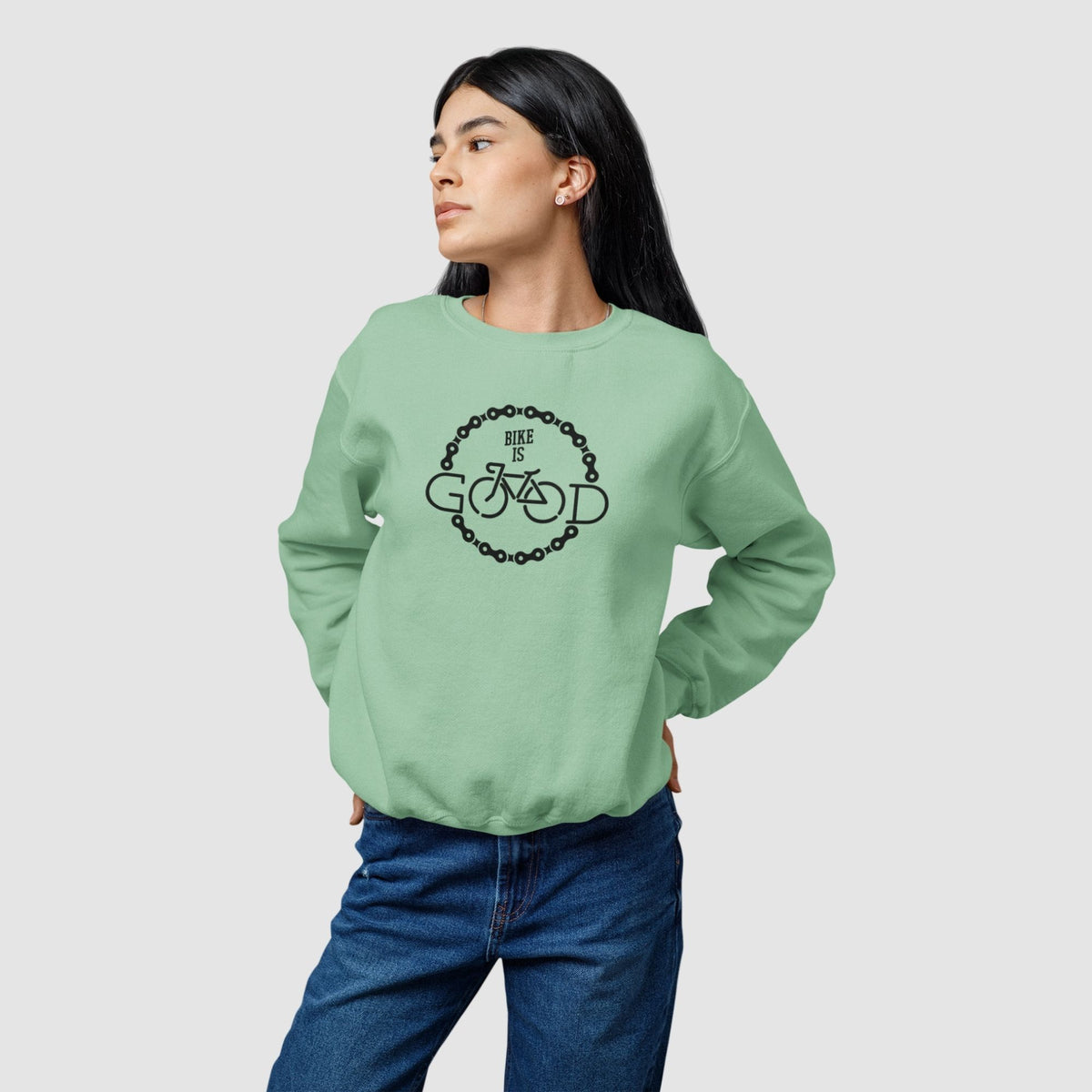bike-is-good-cotton-printed-unisex-mint-female-model-sweatshirt-gogirgit-com