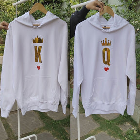 King And Queen Personalised Hoodies With Gold Metallic Print On Front, Back, Sleeve & Wrist