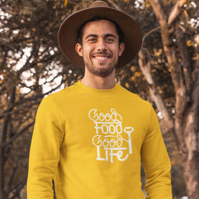 good-food-good-life-cotton-printed-unisex-golden-yellow-men-model-sweatshirt-gogirgit-com