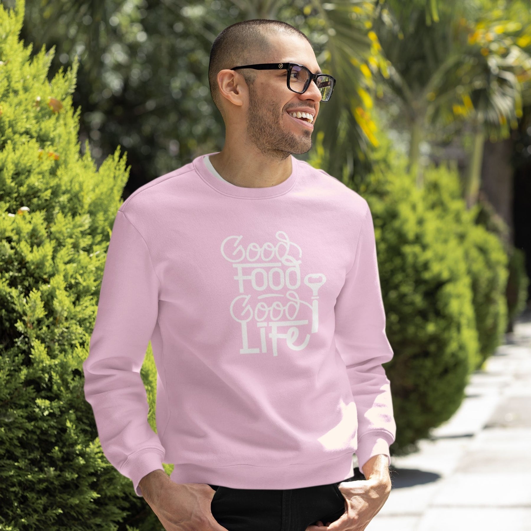 good-food-good-life-cotton-printed-unisex-light-pink-men-model-sweatshirt-gogirgit-com