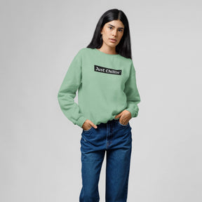 just-chillin-cotton-printed-unisex-mint-female-model-sweatshirt-gogirgit-com