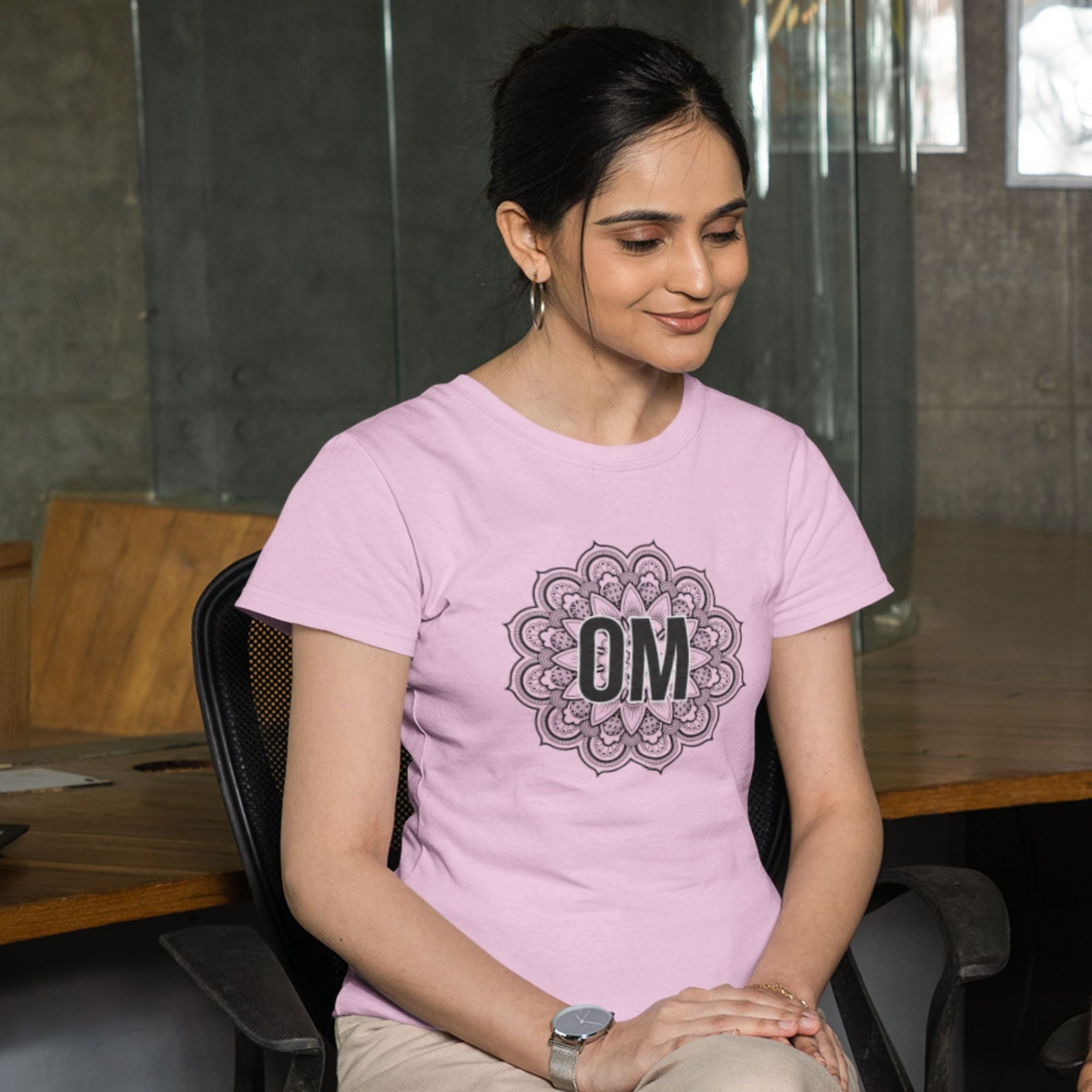 model-wearing-om-mandala-pink-cotton-yoga-tshirt-gogirgit