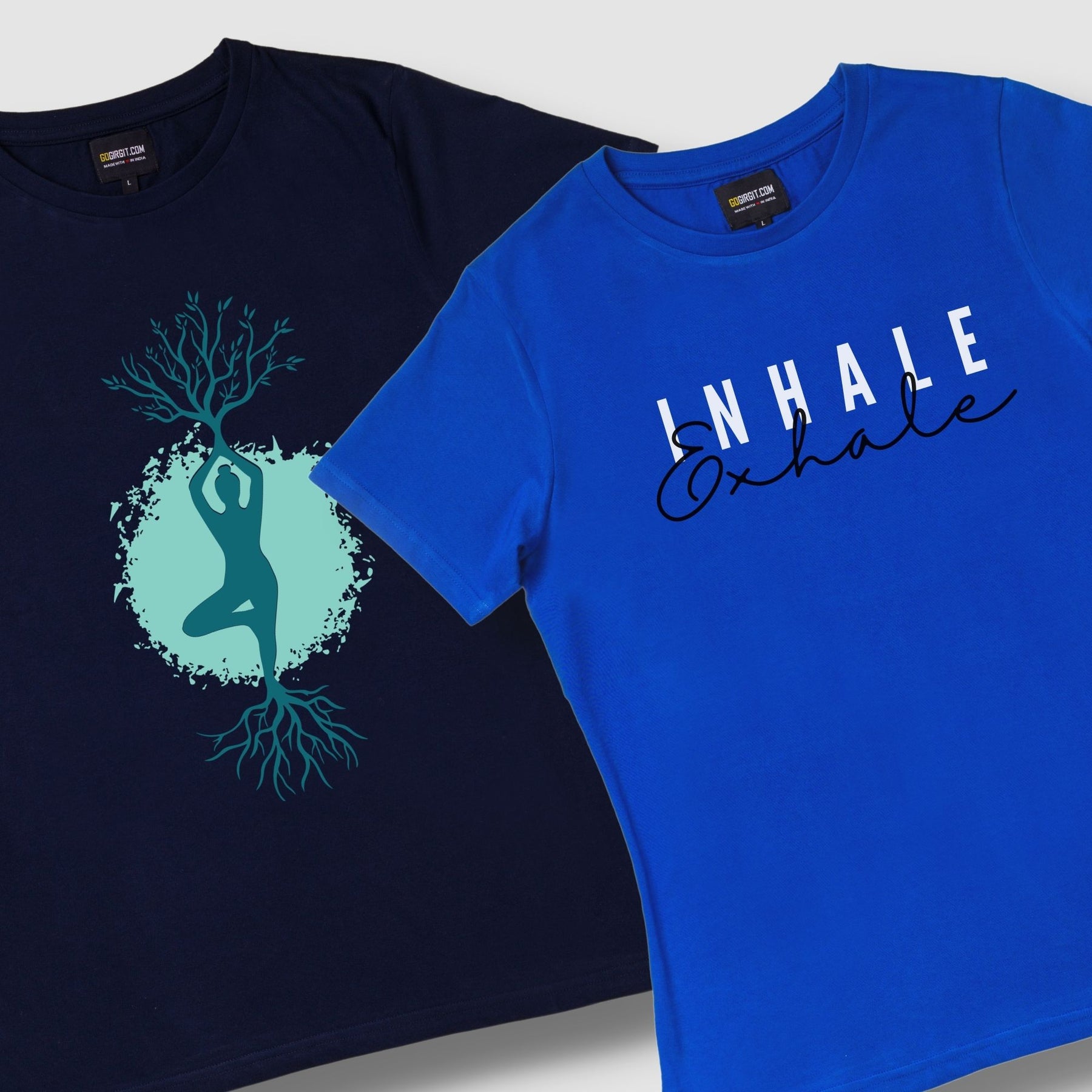 pack-of-2-women-s-printed-yoga-t-shirts-in-navy-blue-royal-blue-tree-pose-inhale-exhale-design-tshirt