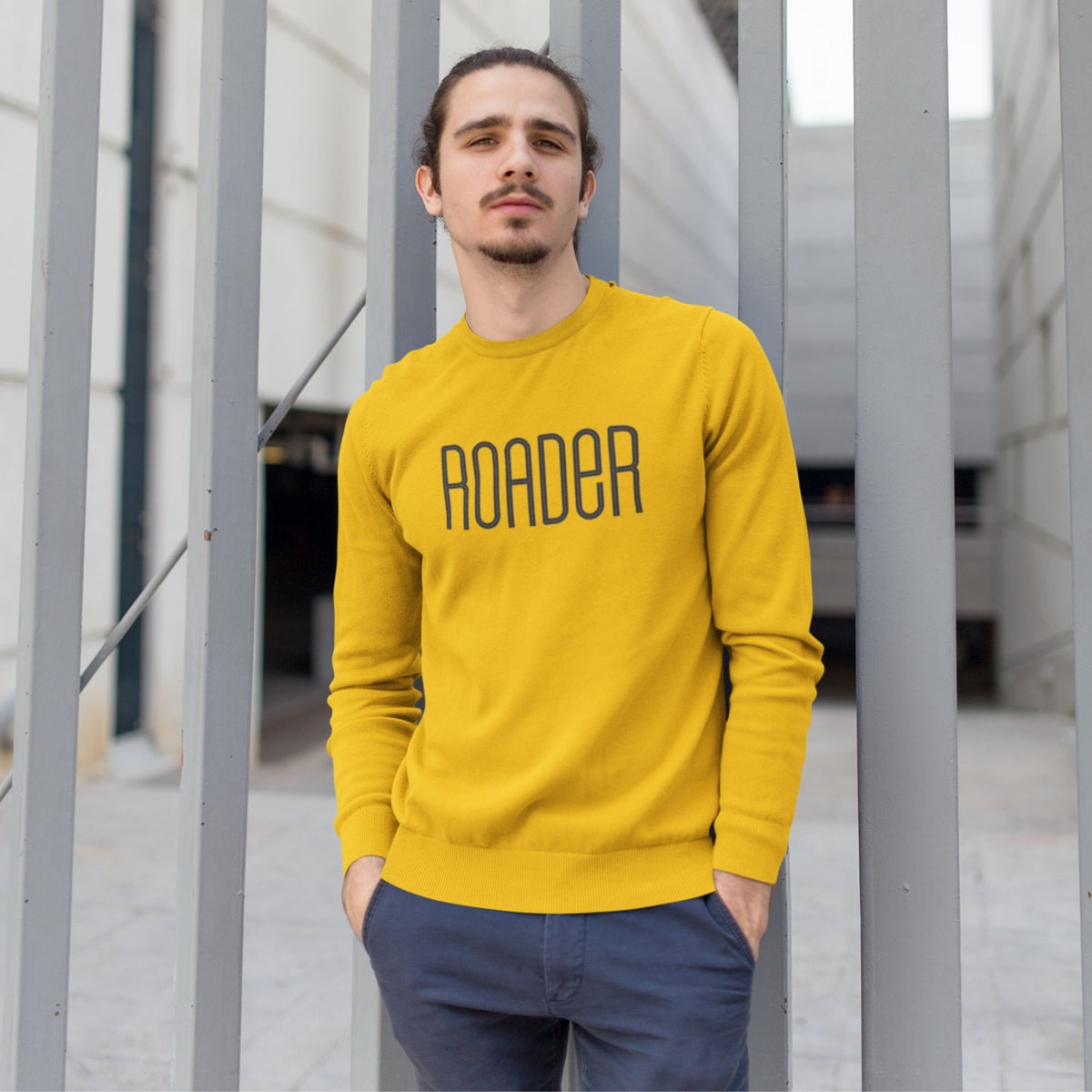 roader-cotton-printed-unisex-golden-yellow-sweatshirt-men-model-gogirgit-com