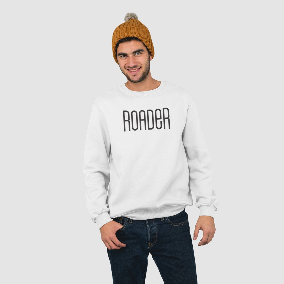 roader-cotton-printed-unisex-white-sweatshirt-men-model-gogirgit-com