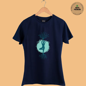 Tree Pose Premium Navy Blue Women Yoga T-shirt