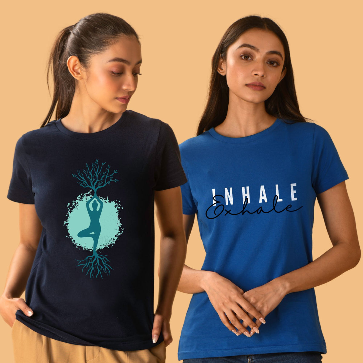 Tree Pose Premium Navy Blue Women Yoga T-shirt